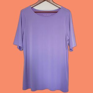 Susan Graver Liquid Knit Lavender PurpleShort Sleeve Blouse L Stretch Mature
